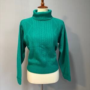 Vintage 90s Teal Green Cable Knit Turtleneck Sweater Angora Wool Blend - M